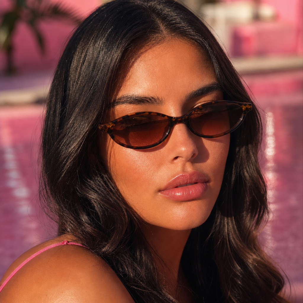 Woman wearing sunglasses with a pink background