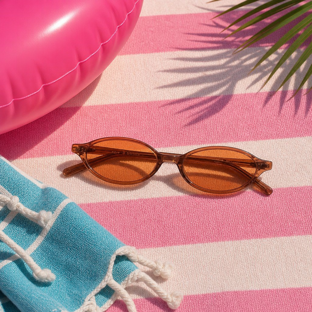 Brown sunglasses on a pink and white striped towel with a pink inflatable ring and palm leaf in the background.