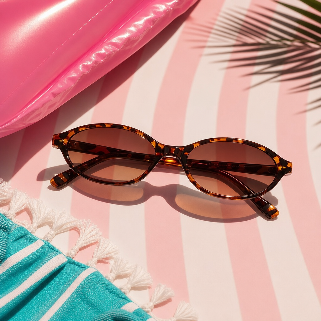 Tortoiseshell sunglasses on a striped pink and white surface with a pool float and towel.
