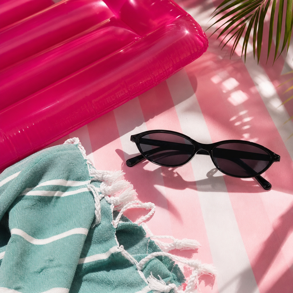 Black sunglasses on a pink inflatable pool raft with a green towel underneath