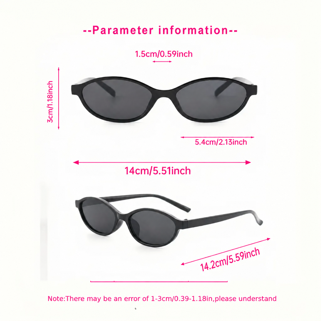 Black sunglasses with dimensions labeled on a white background
