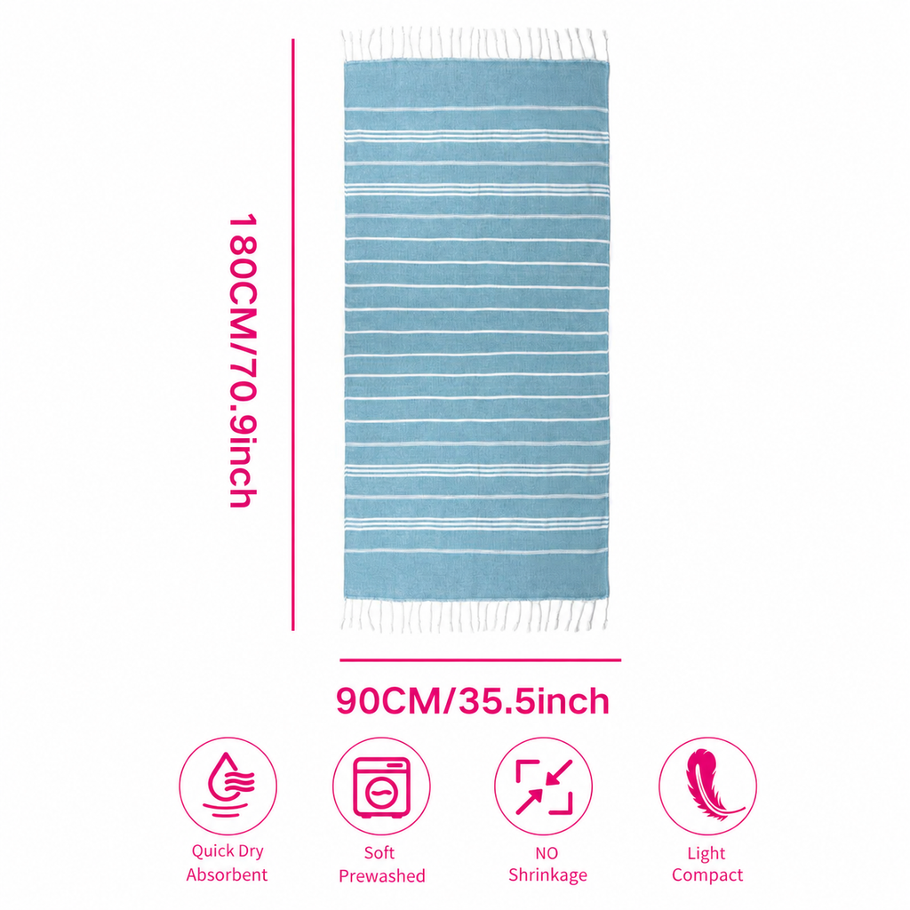 Blue towel with white stripes and measurements on a white background
