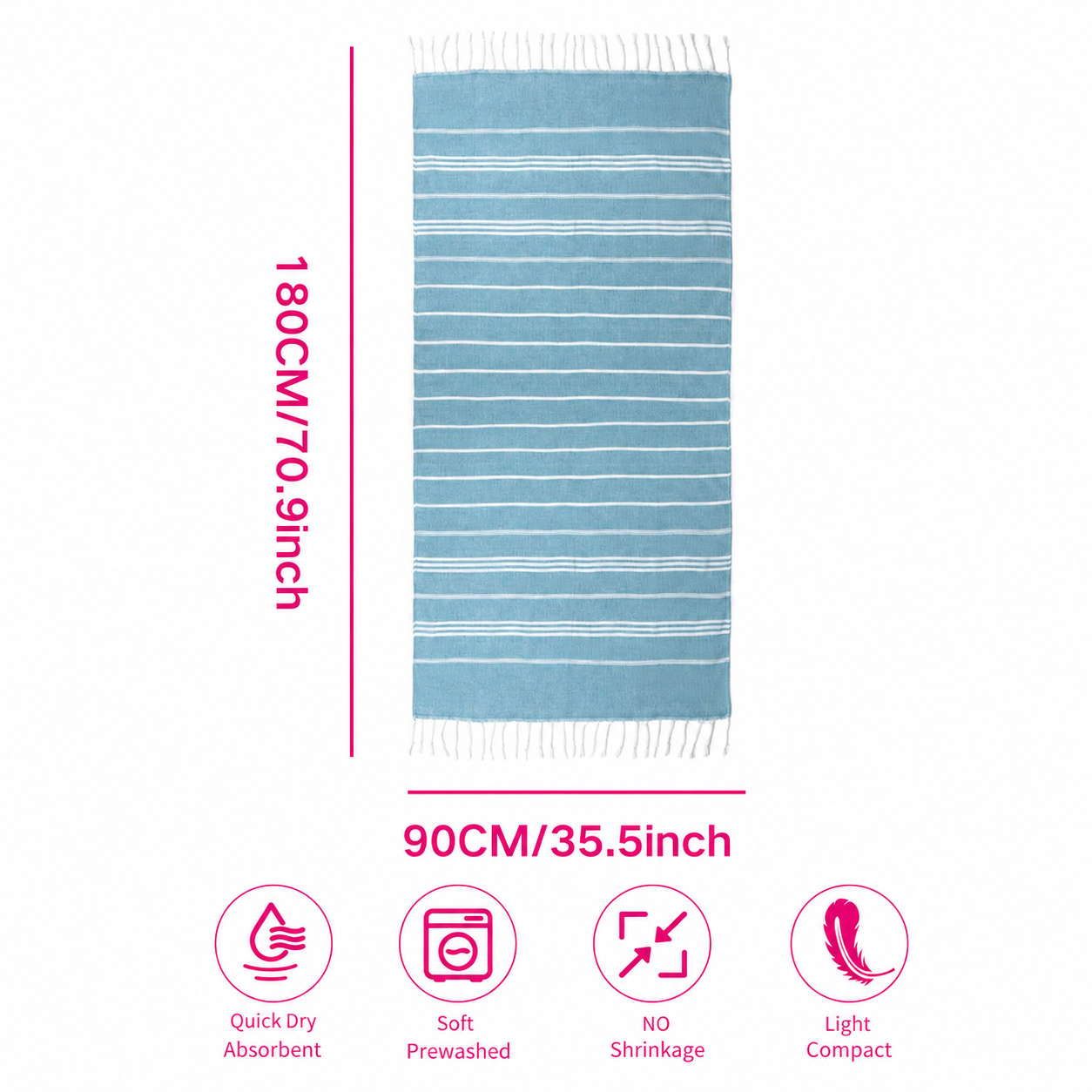 Blue towel with white stripes and measurements on a white background