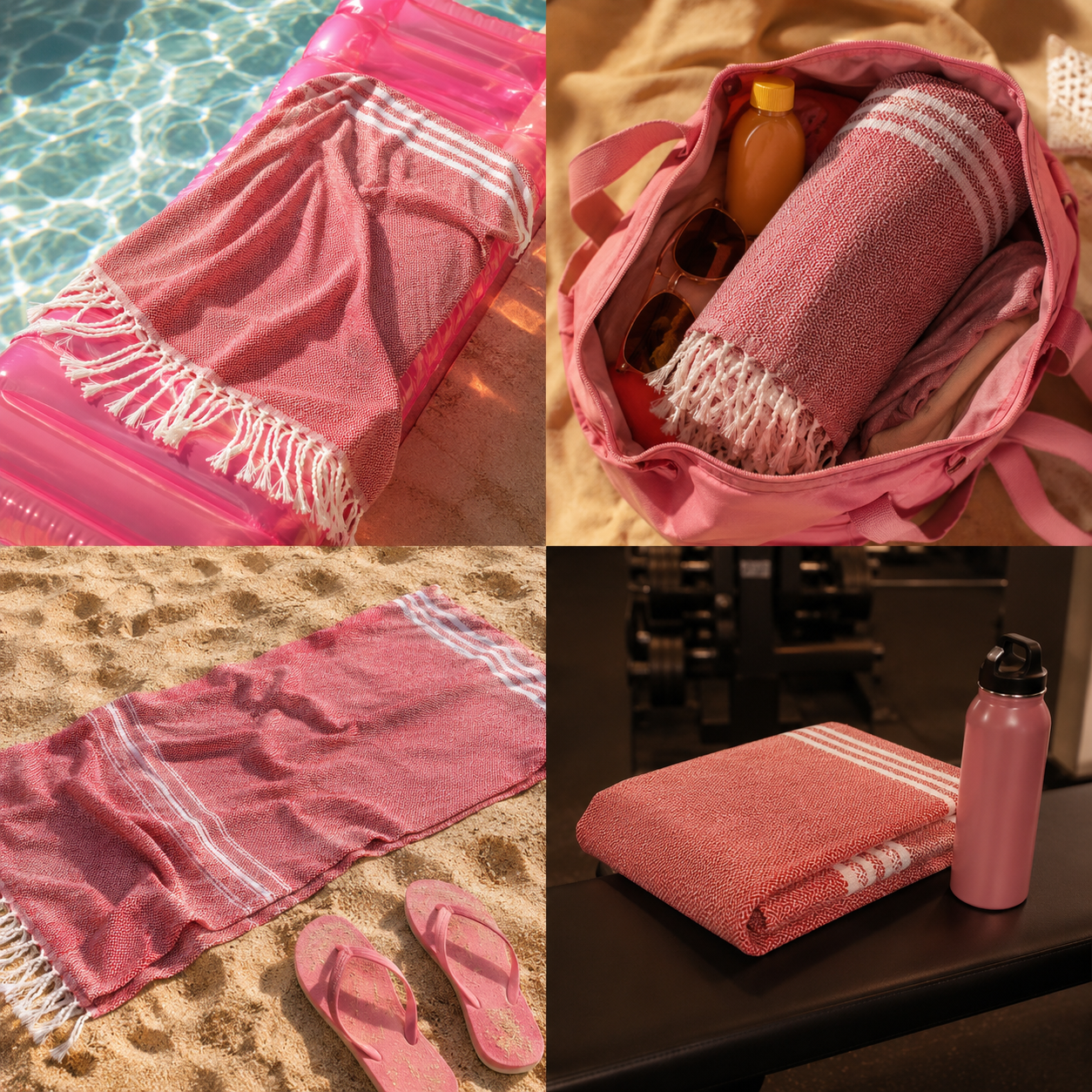 Collage of a pink towel with white stripes on various surfaces near a pool.