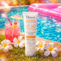 Disaar sunscreen tube with a pool and flowers in the background