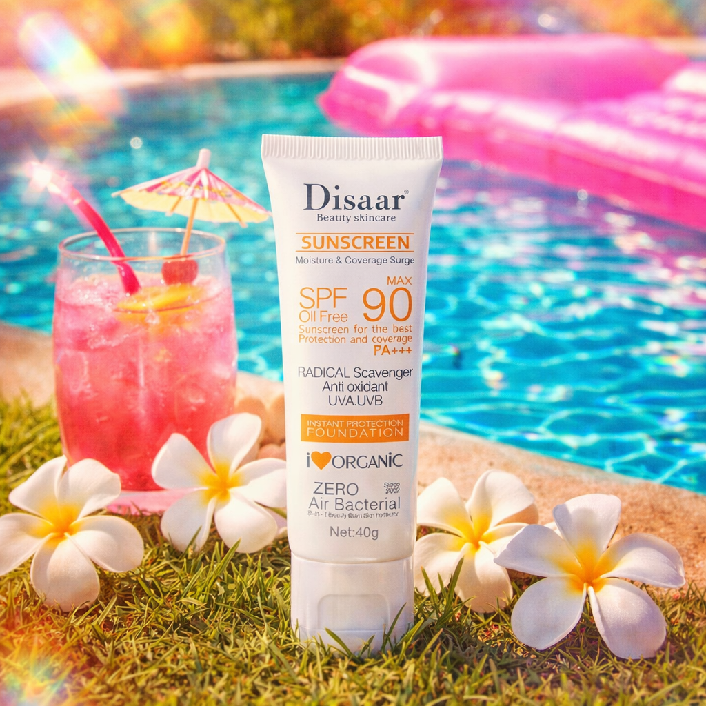 Disaar sunscreen tube with a pool and flowers in the background