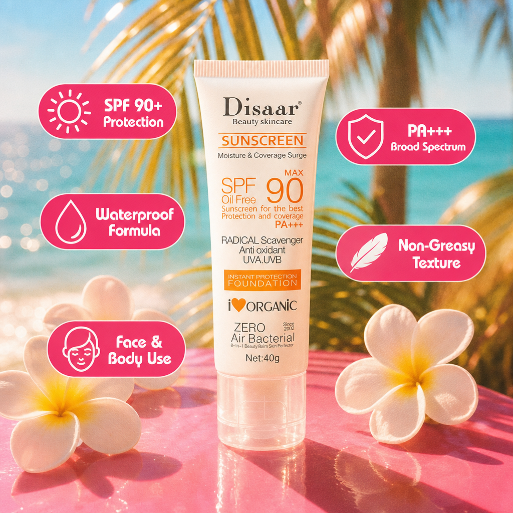 Disaar sunscreen tube with tropical flowers and palm trees in the background