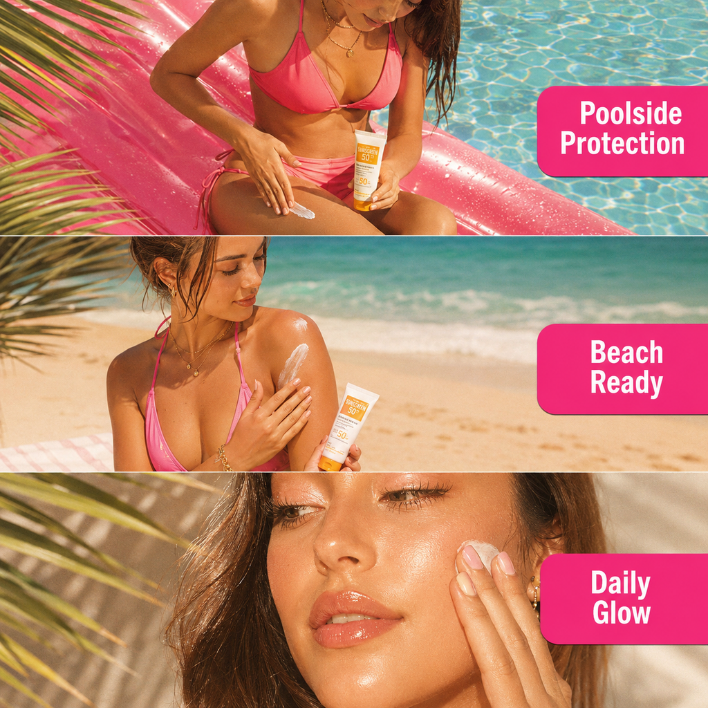 Woman applying sunscreen with text labels 'Poolside Protection', 'Beach Ready', and 'Daily Glow' on a tropical background.