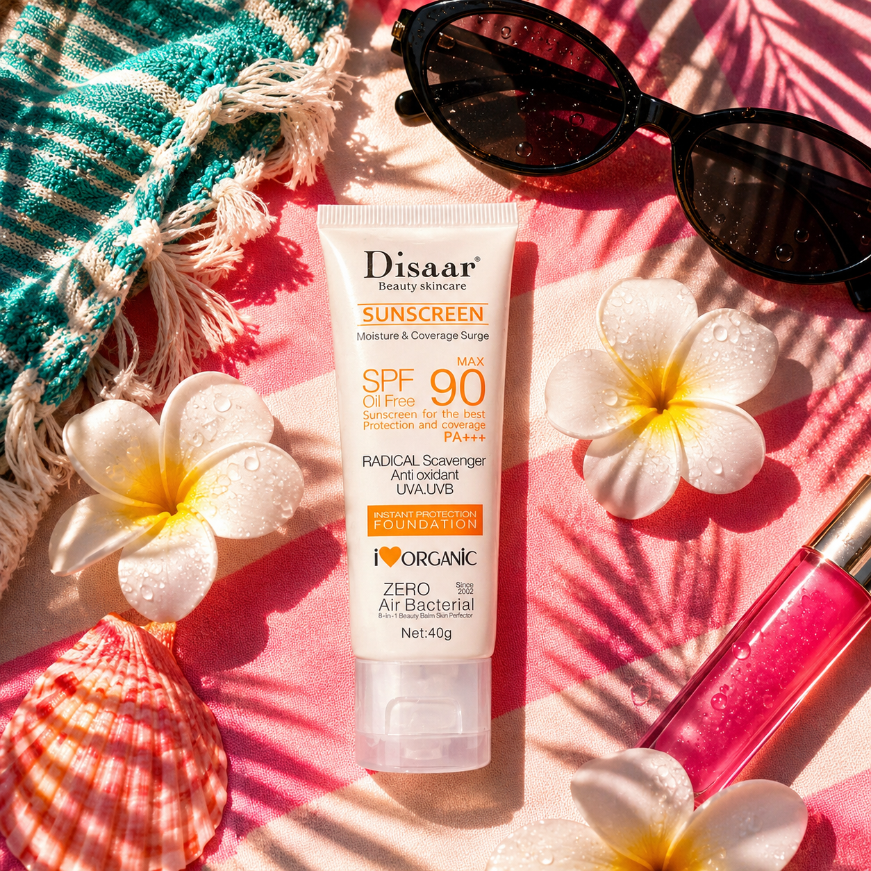 Disaar sunscreen tube with flowers, sunglasses, and a shell on a pink surface
