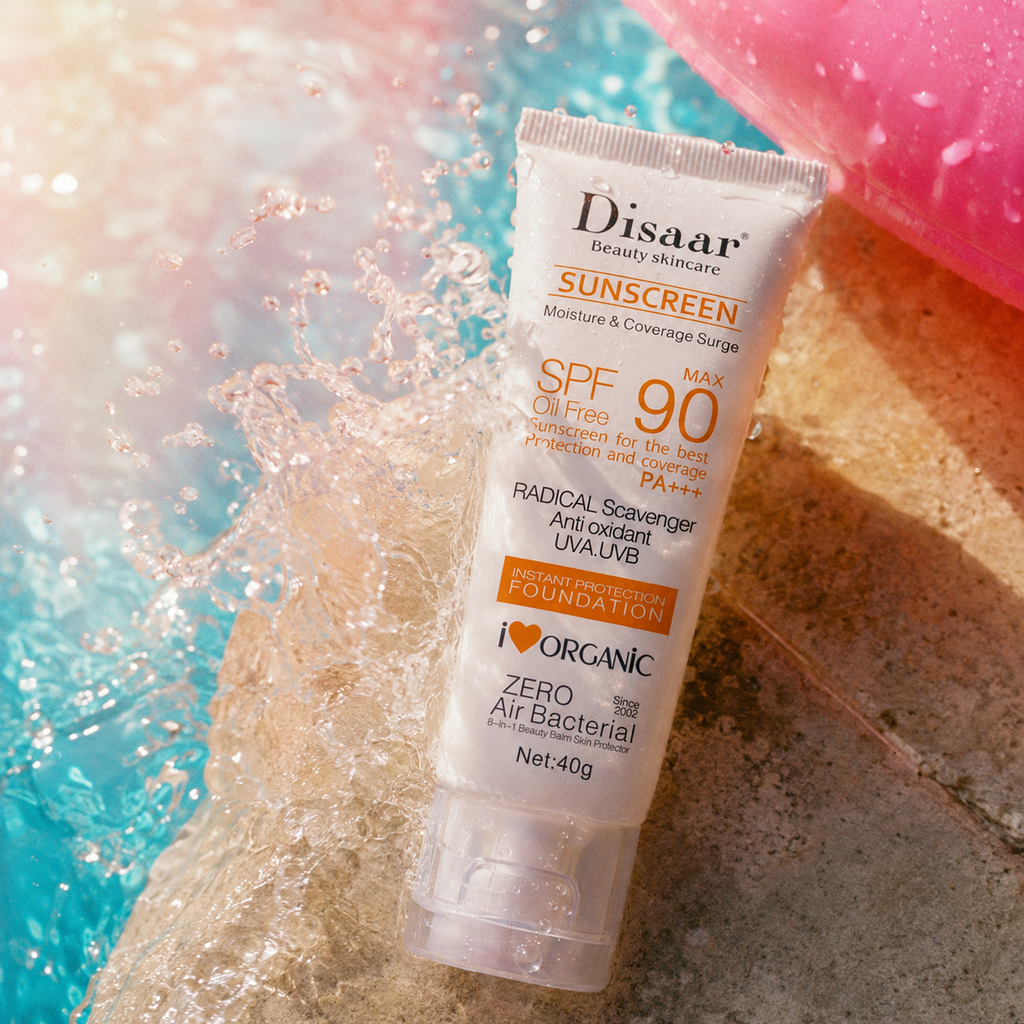 Disaar sunscreen tube on sand with water splash