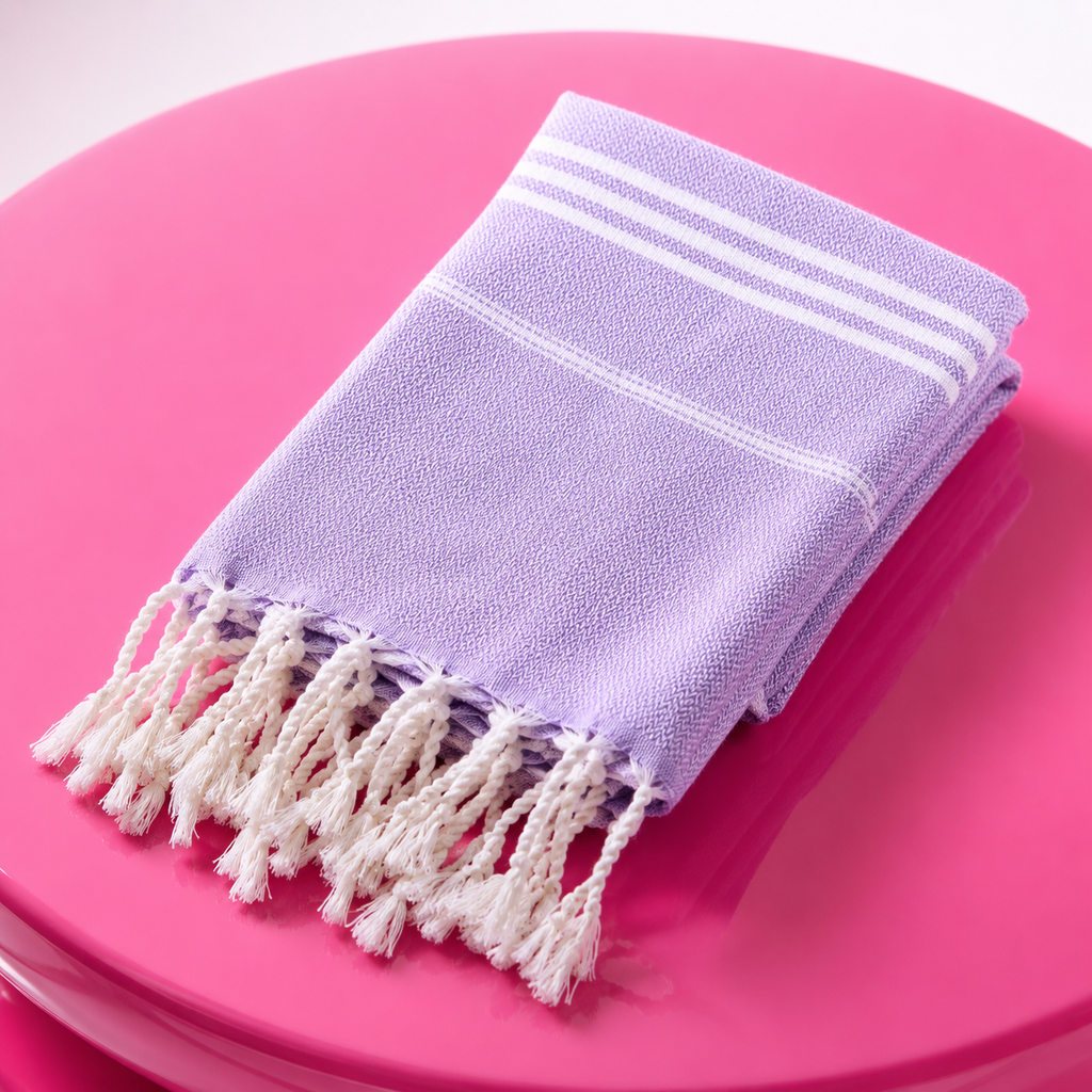 Folded purple towel with white stripes and fringes on a pink surface