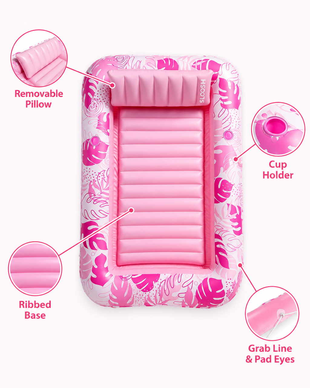 Pink inflatable mattress with floral design on a white background