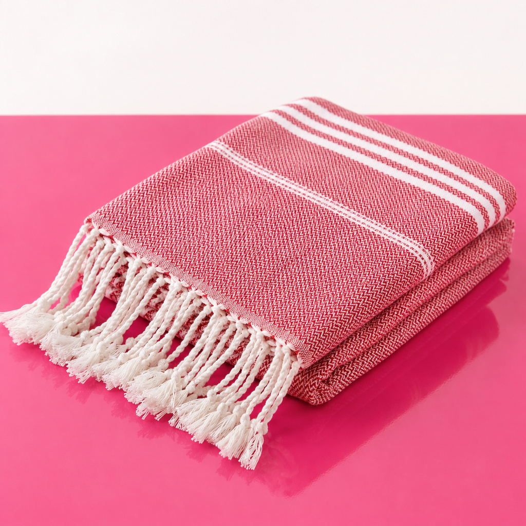 Pink towel with white stripes and fringes on a pink background