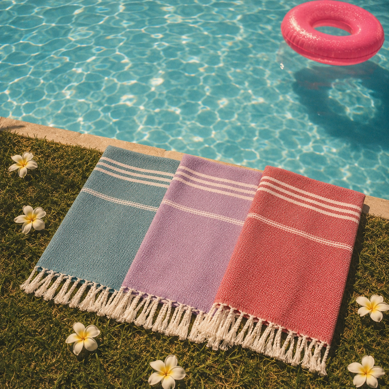 Three colorful towels on grass by a pool with flowers around