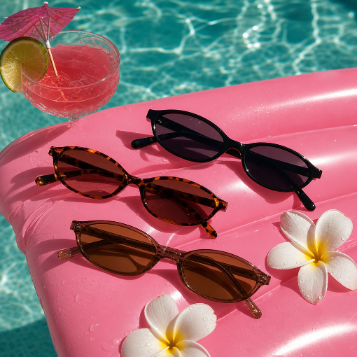 Three pairs of sunglasses on a pink inflatable pool float with flowers and a cocktail in the background.