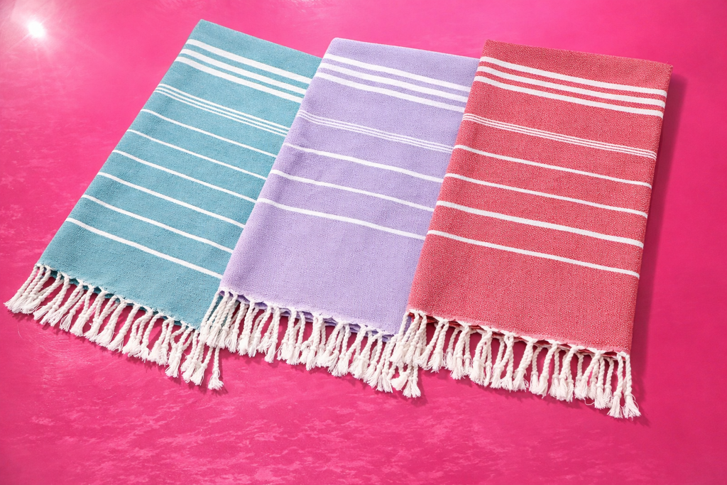 Three striped towels in blue, purple, and pink on a pink background