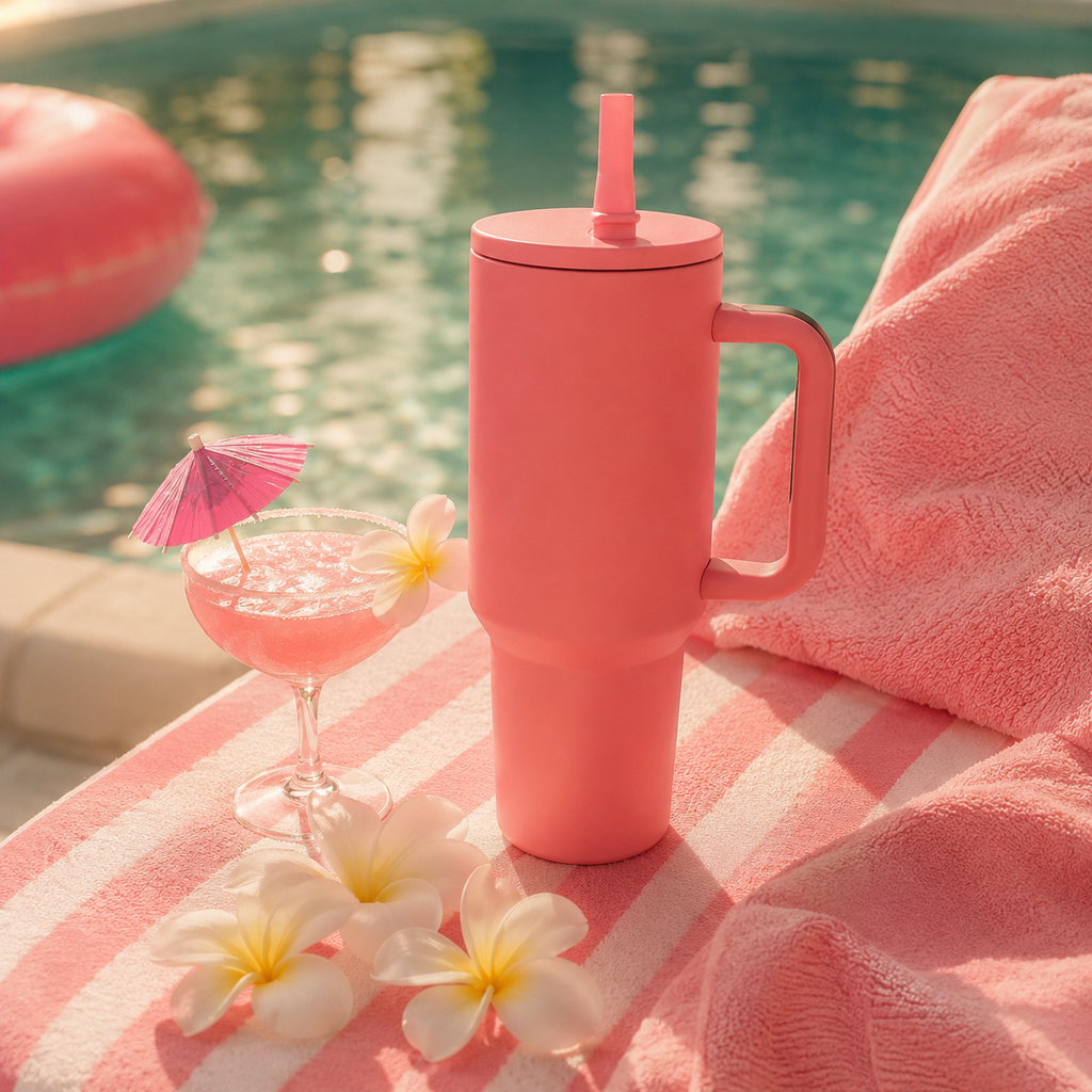 Pink tumbler with a straw, cocktail, and flowers on a striped towel by a pool.