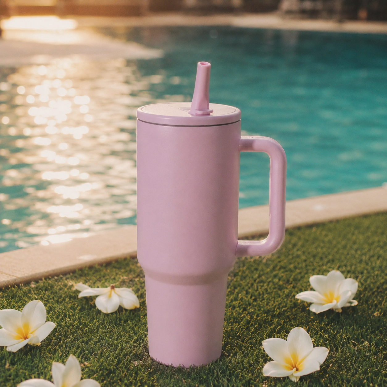 Pink tumbler with a straw on grass by a pool
