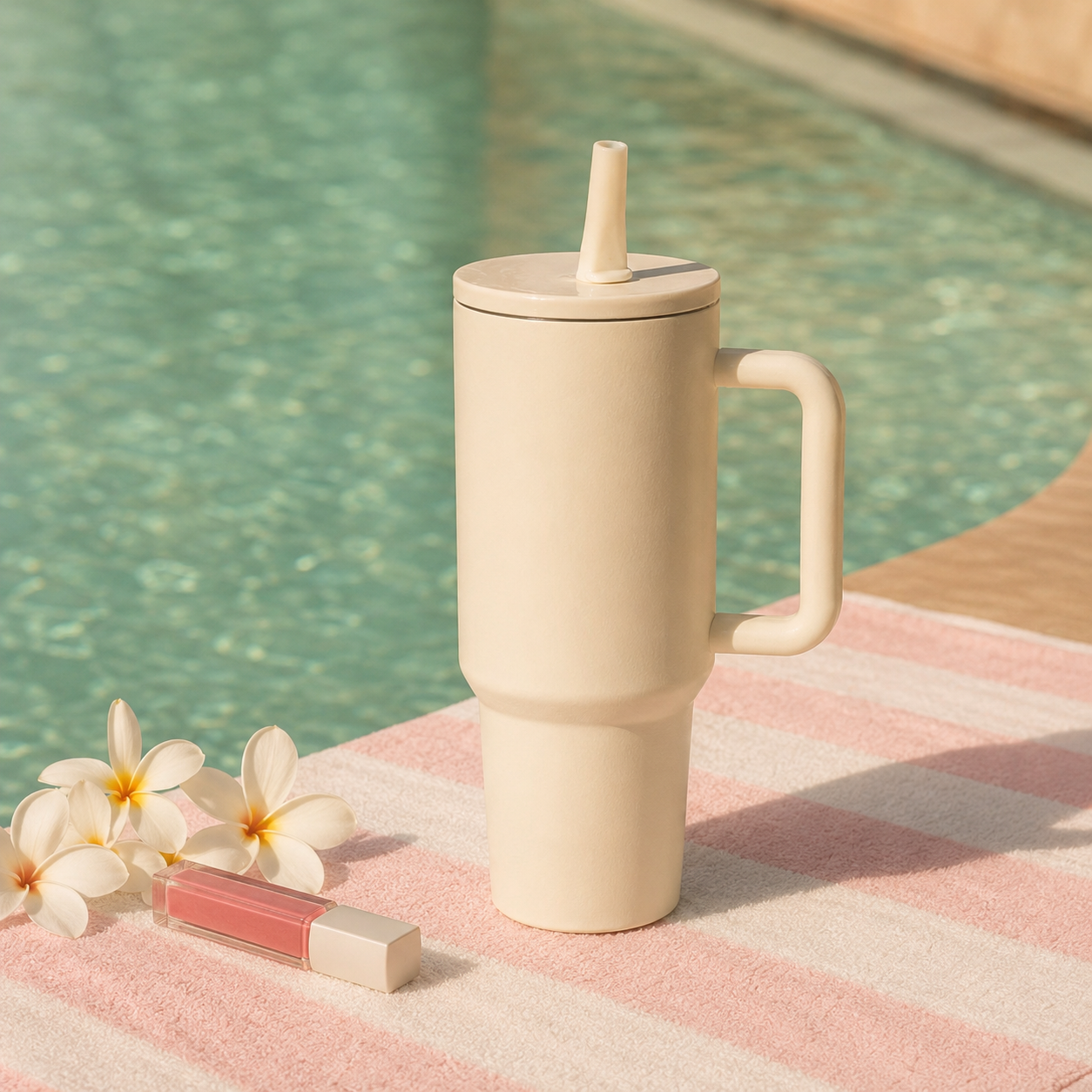 Beige tumbler with handle and straw lid on a striped towel by a pool