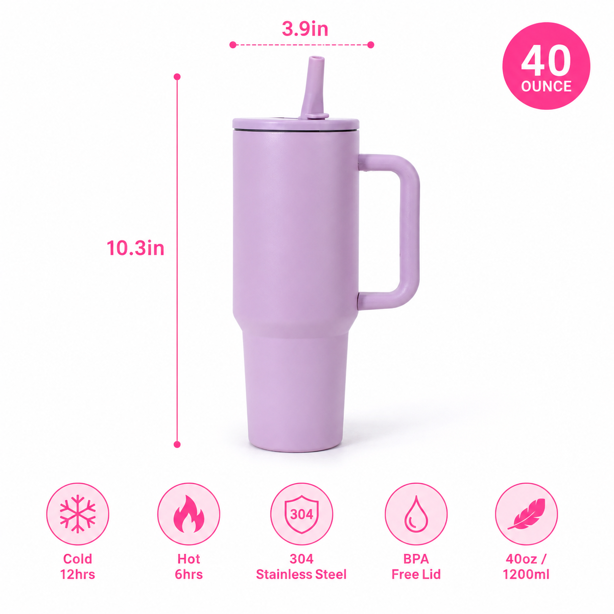 Purple tumbler with measurements and features on a white background