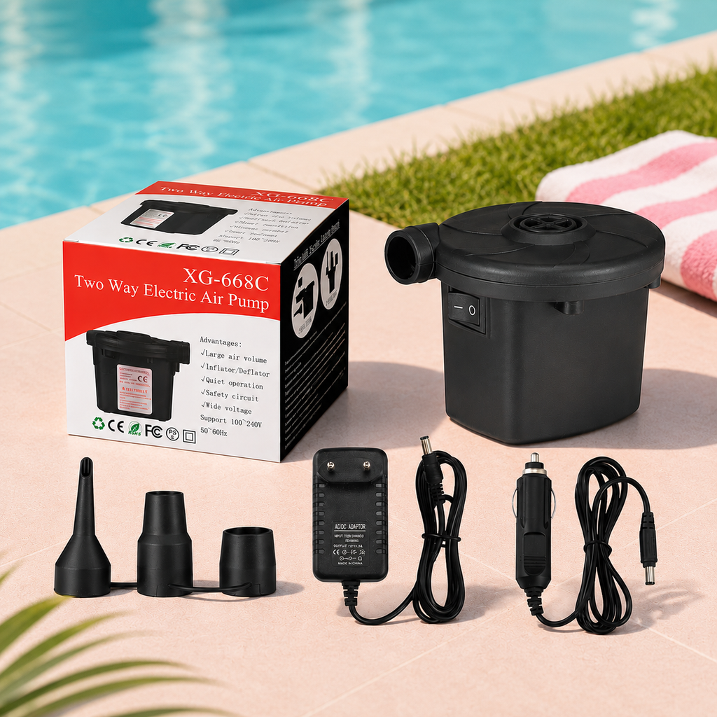 Two-way electric air pump with accessories on a poolside background