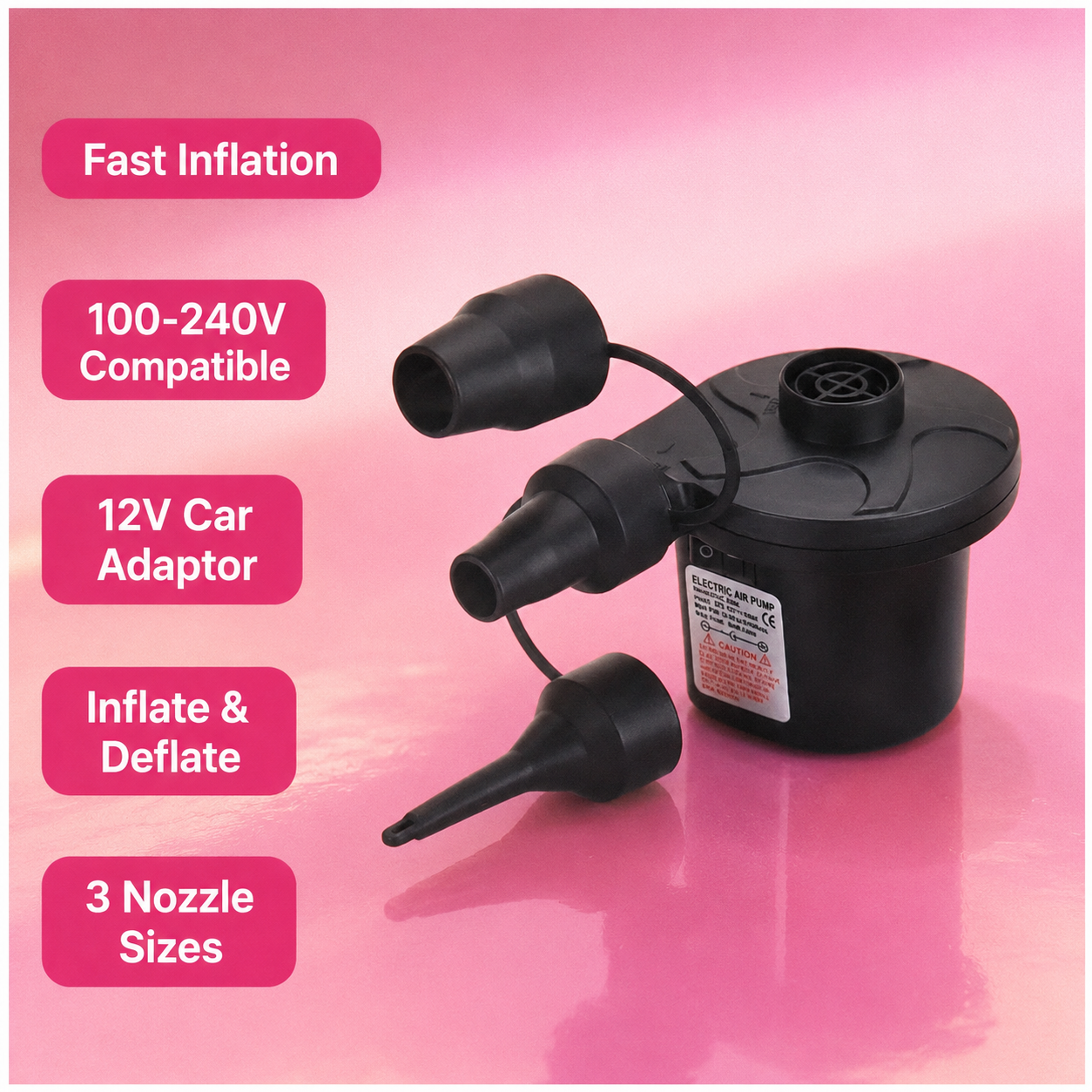 Black air pump with three nozzles on a pink background, featuring text about its features.
