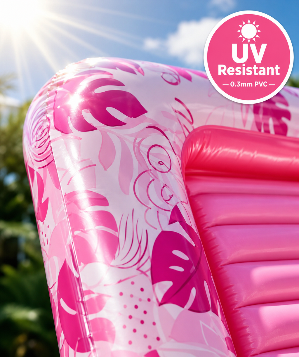Pink inflatable pool float with floral pattern and UV resistant label outdoors.