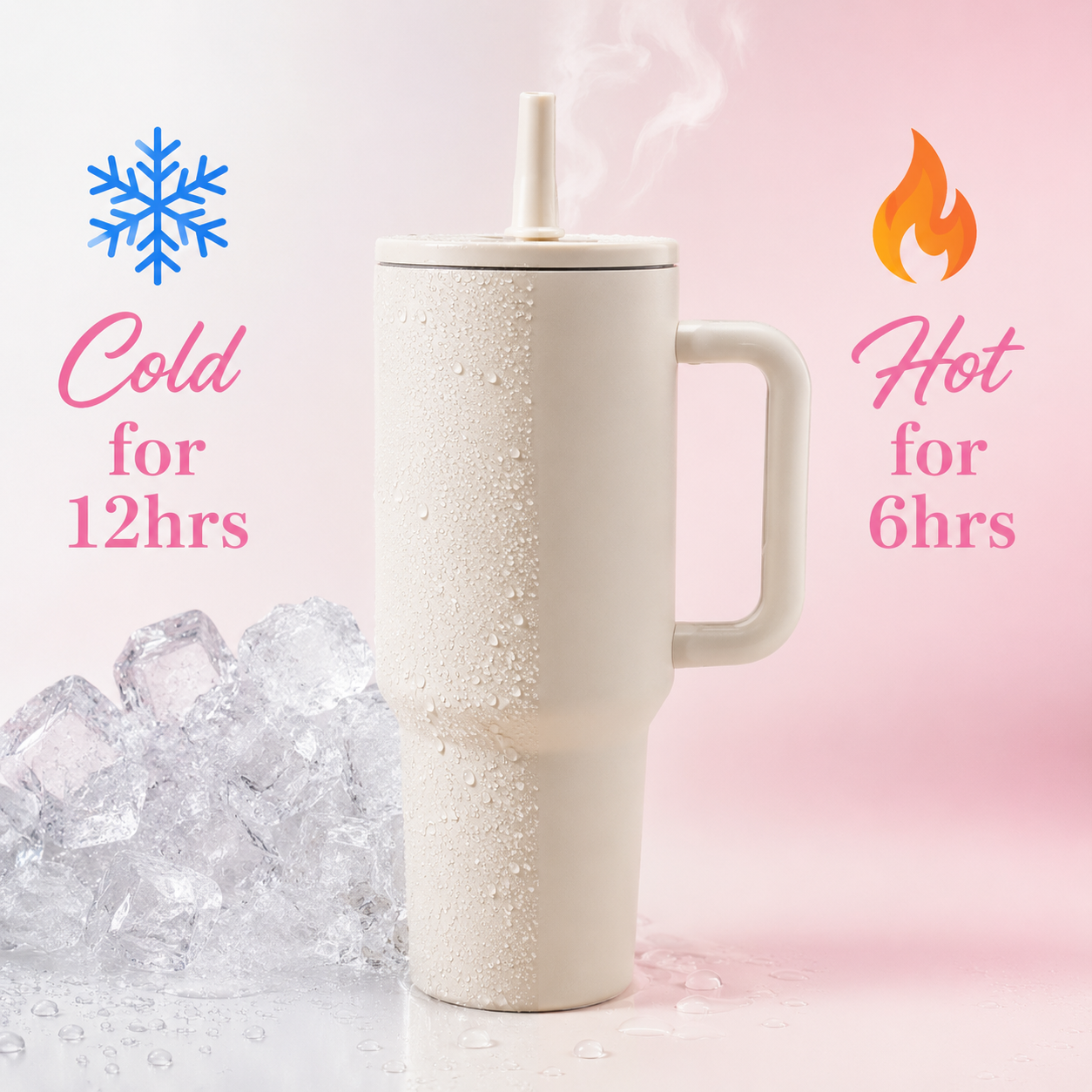 White insulated mug with text indicating temperature retention times against a pink and white gradient background.