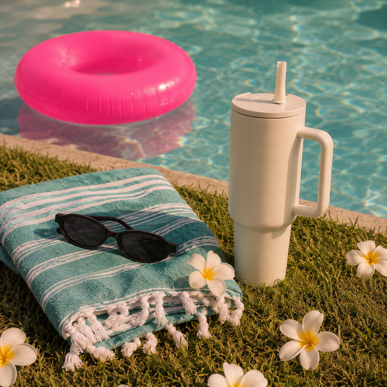 White tumbler with straw, sunglasses, and towel by a pool with pink inflatable ring and flowers.