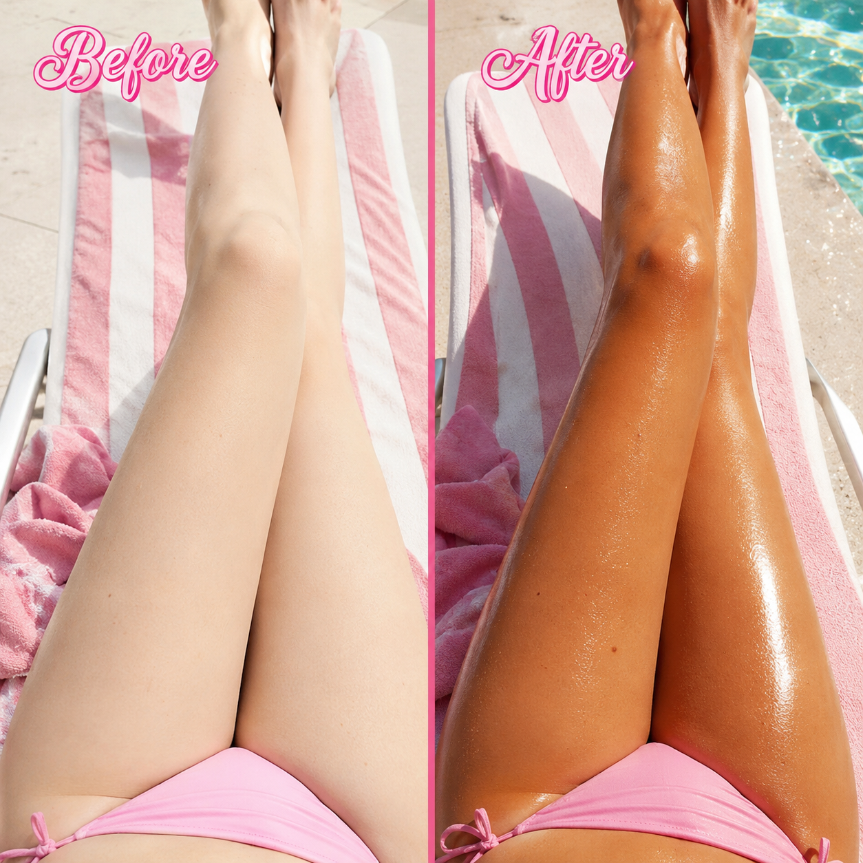 Before and after comparison of sun-kissed legs on a pink towel by a pool.