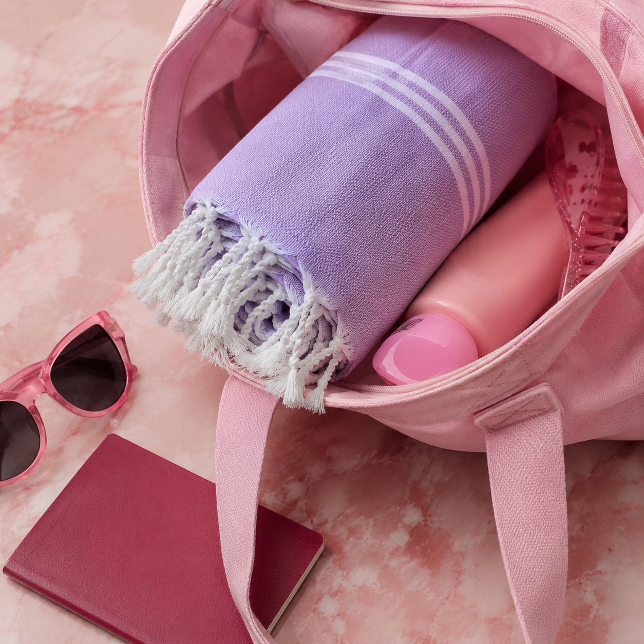 Pink bag with a purple towel, pink sunglasses, and pink notebook on a pink marble surface